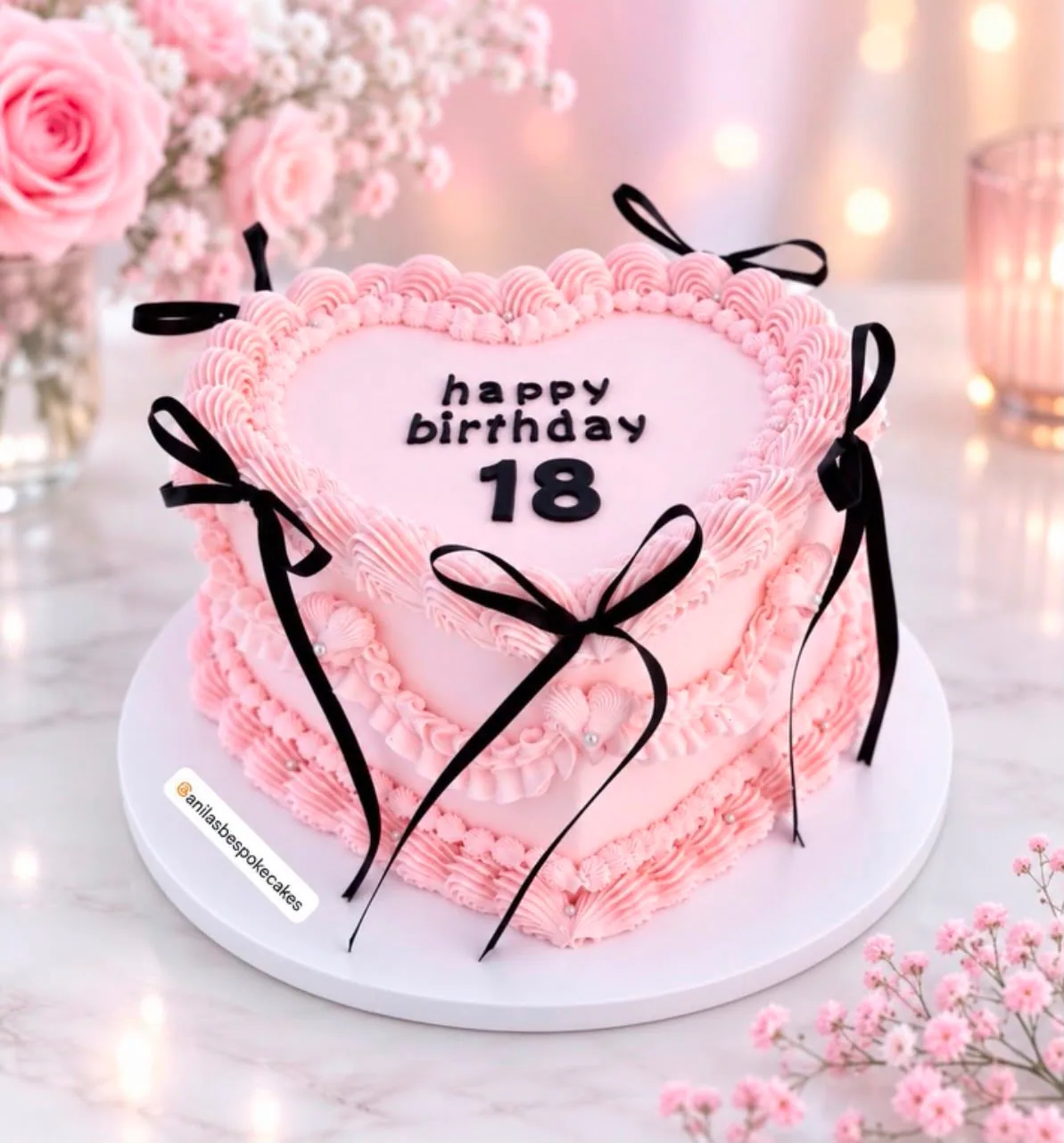 Pink 18th birthday cake with elegant black ribbon detailing