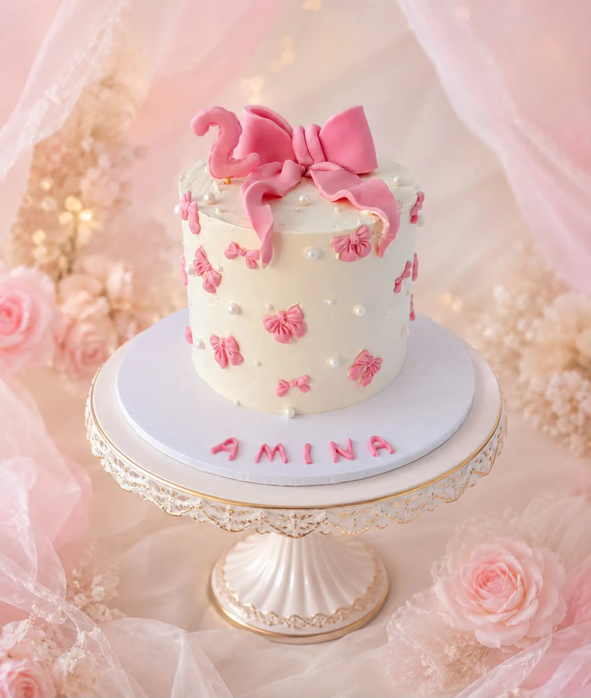 Children’s pink bow second birthday cake handmade by Anila in Norwich
