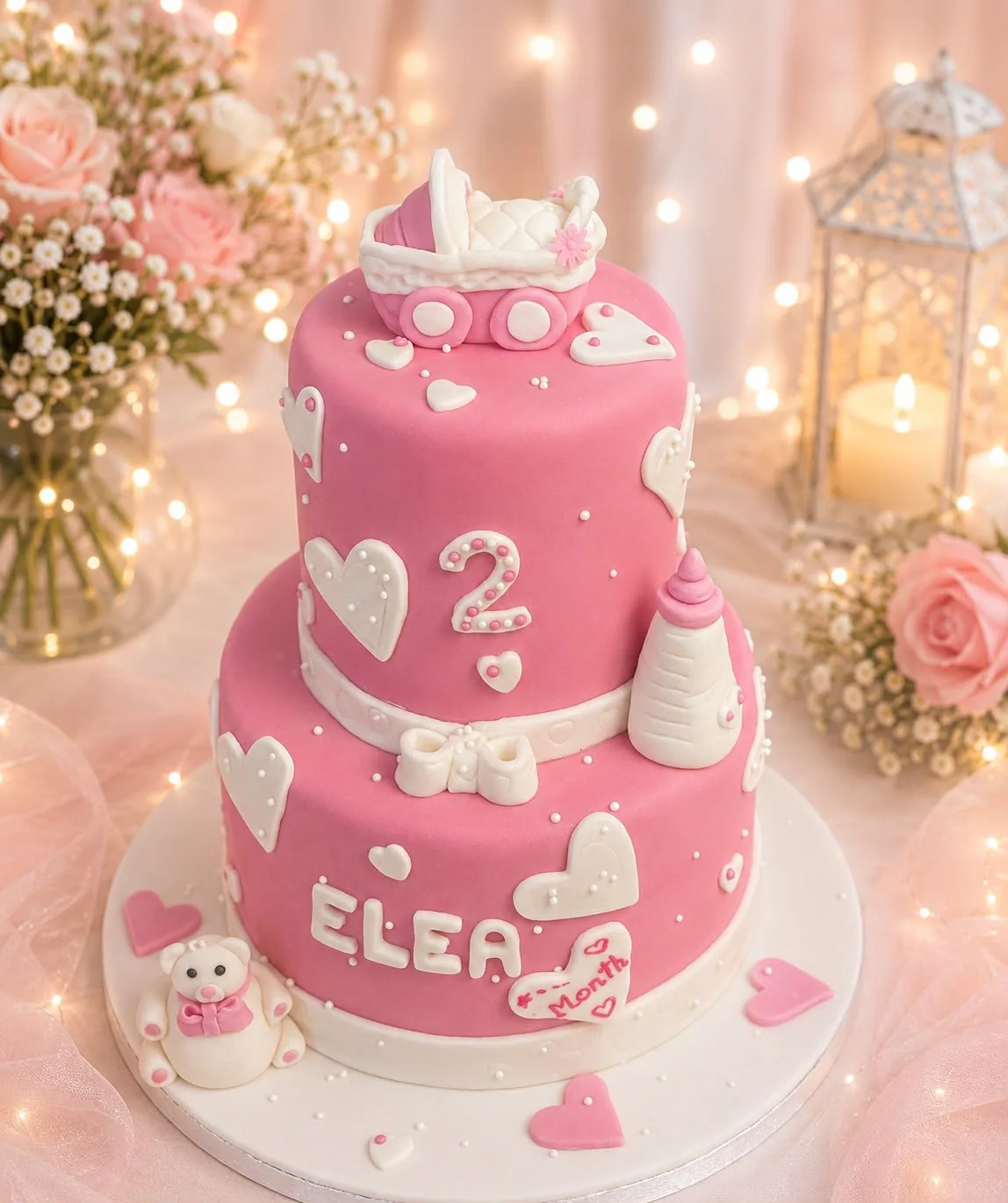 Two-tier pink celebration cake with handmade pram, bottle and teddy-bear details