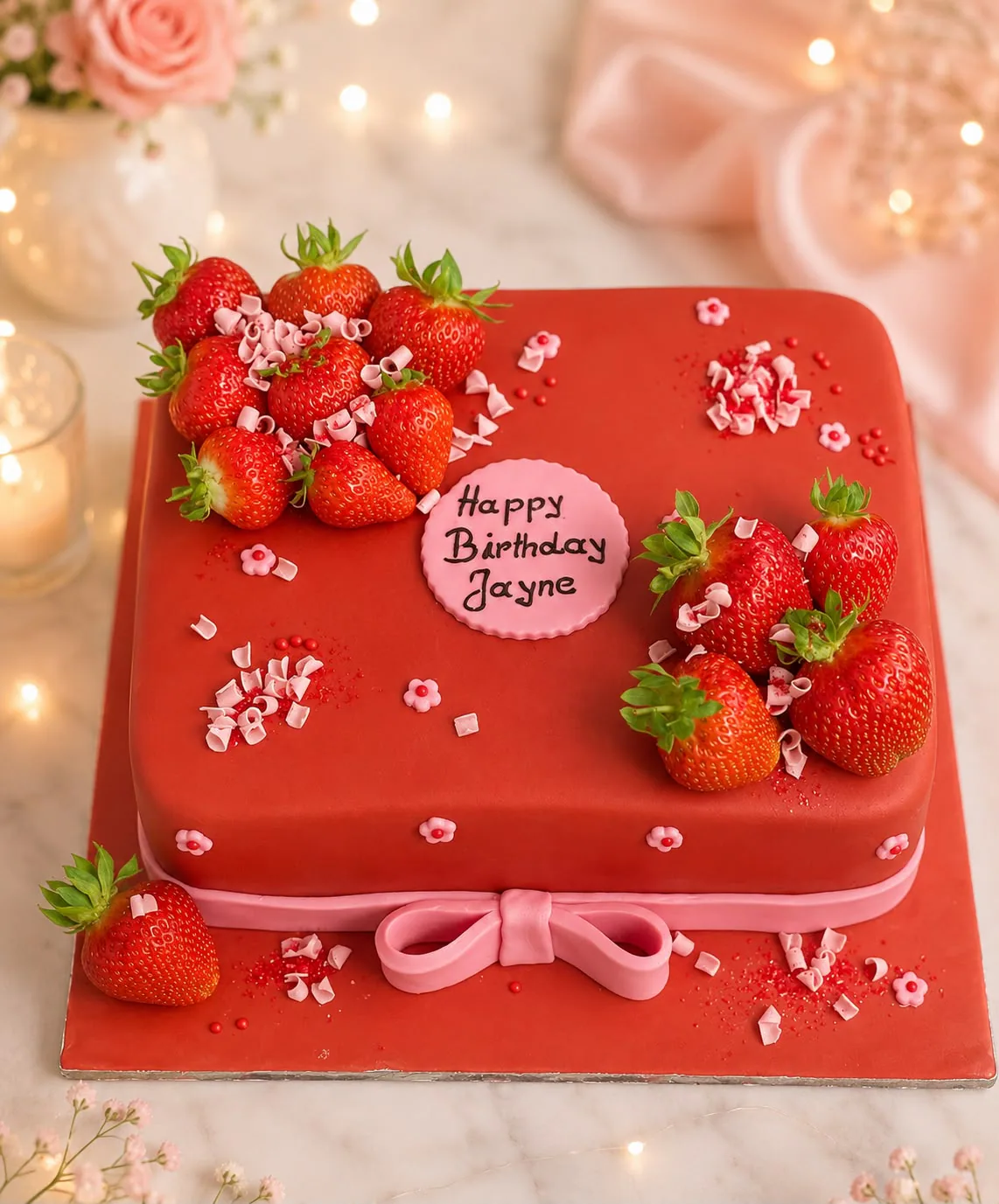 Women’s strawberry birthday cake handmade by Anila in Norwich