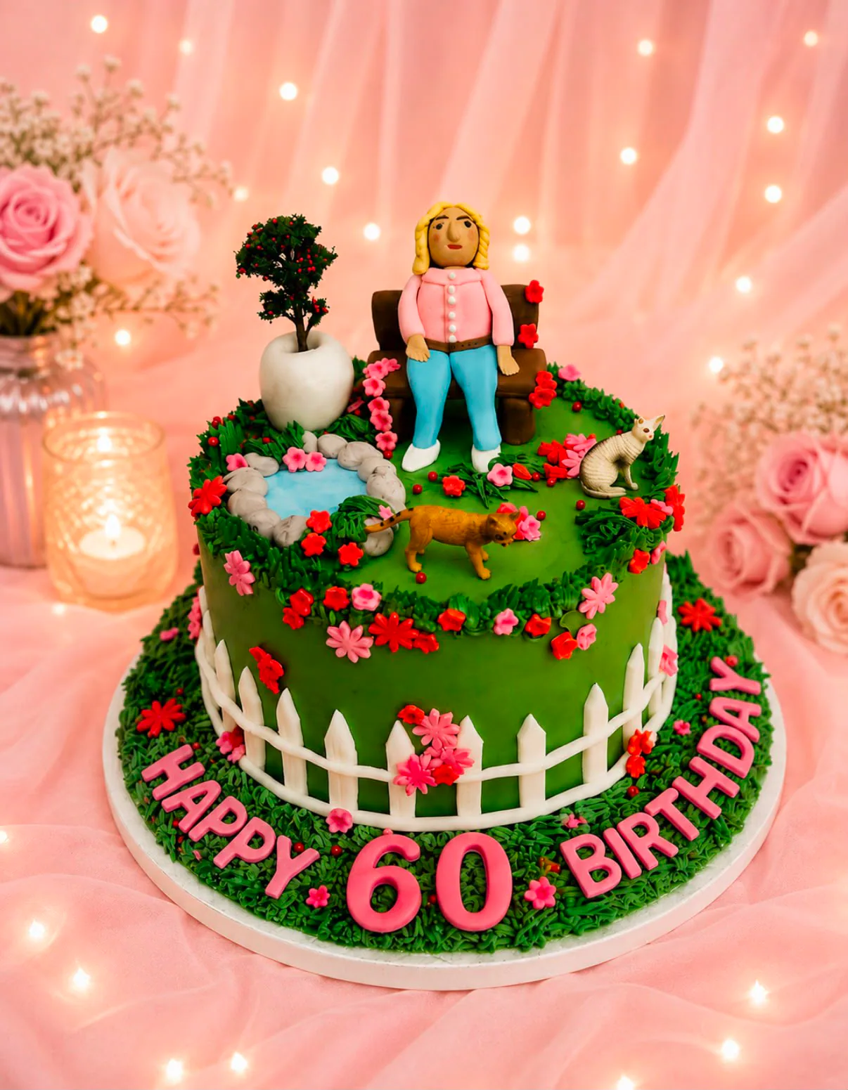Women’s garden-themed 60th birthday cake handmade by Anila in Norwich