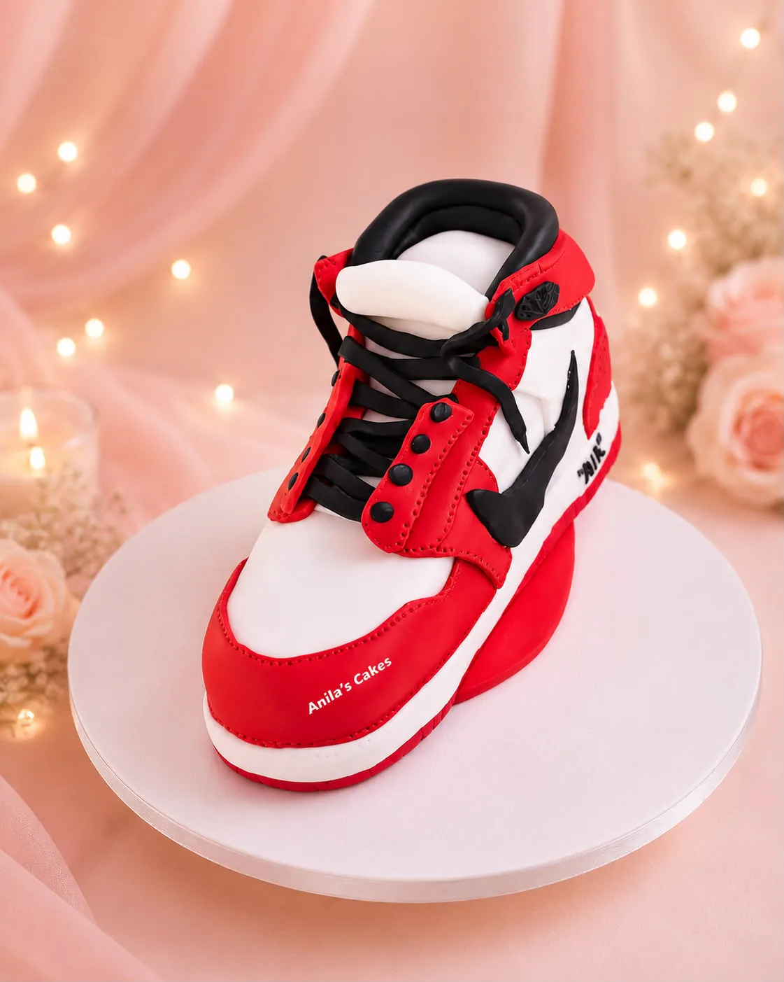 Sculpted red, black and white Nike trainer cake