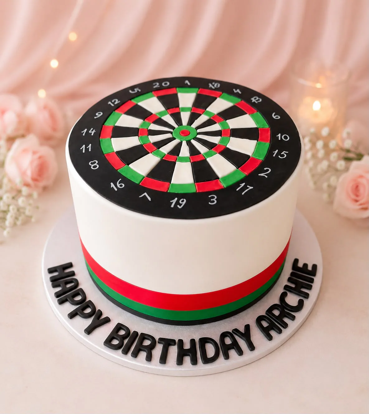Men’s dartboard birthday cake handmade by Anila in Norwich