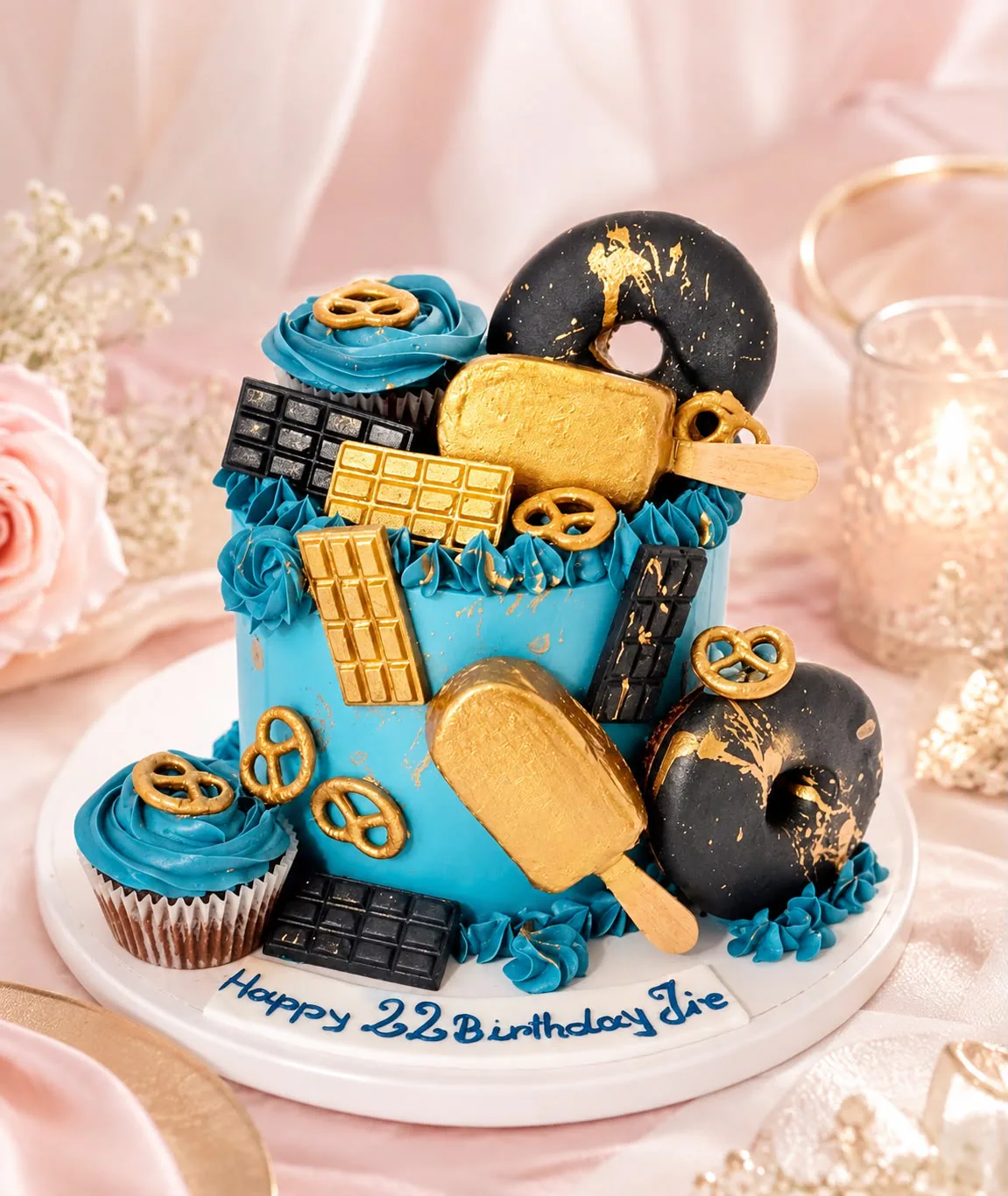 Men’s blue, black and gold chocolate cake handmade by Anila in Norwich