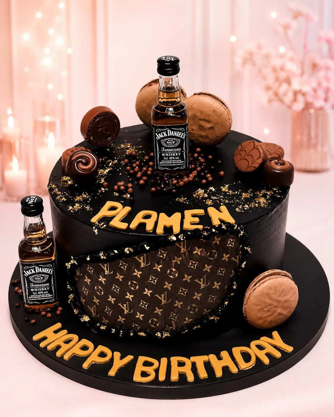 Men’s black designer whisky cake handmade by Anila in Norwich