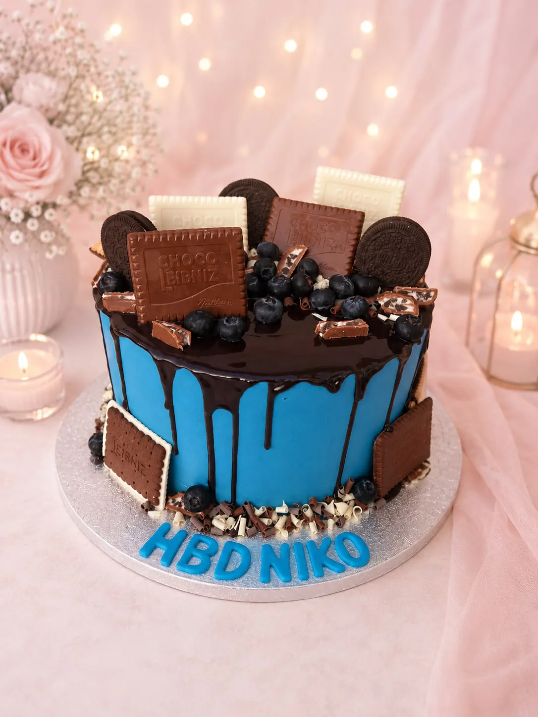 Men’s blue chocolate drip cake handmade by Anila in Norwich