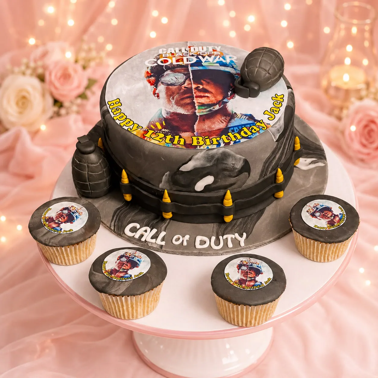 Men’s Call of Duty cake and cupcakes handmade by Anila in Norwich