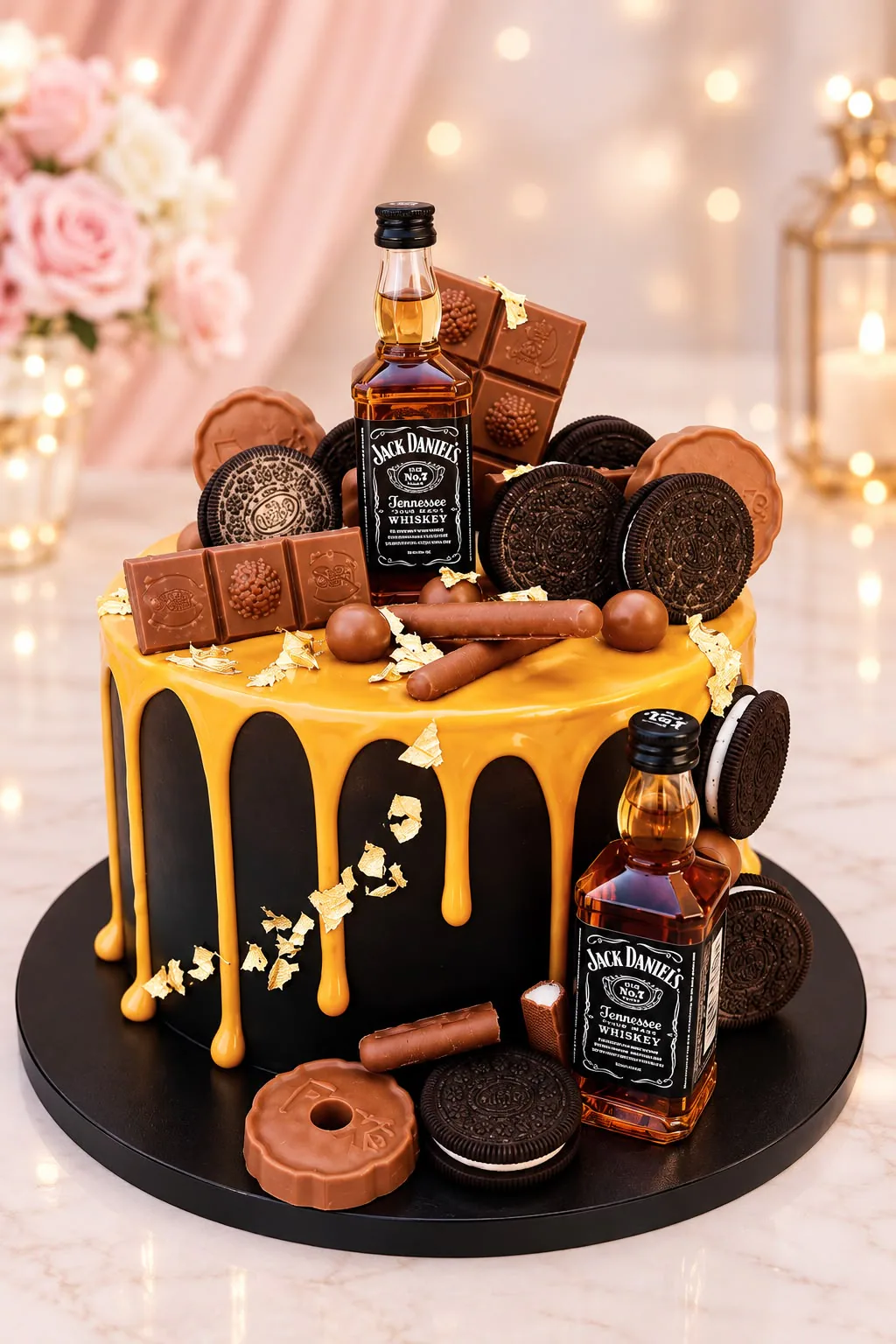 Men’s whisky and chocolate drip cake handmade by Anila in Norwich