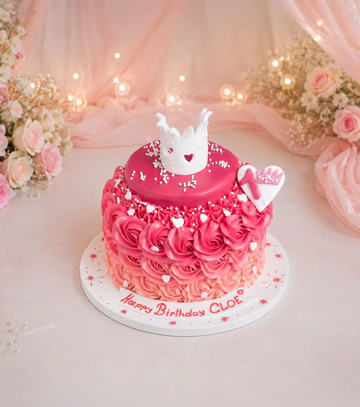 Pink ombre rose first birthday cake handmade by Anila in Norwich
