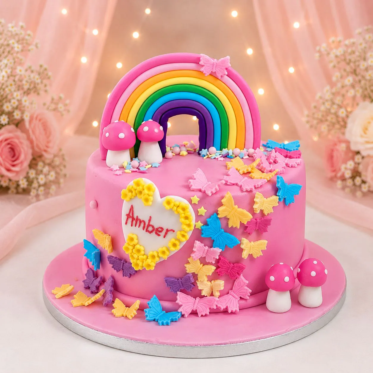 Pink rainbow and butterfly birthday cake handmade by Anila in Norwich