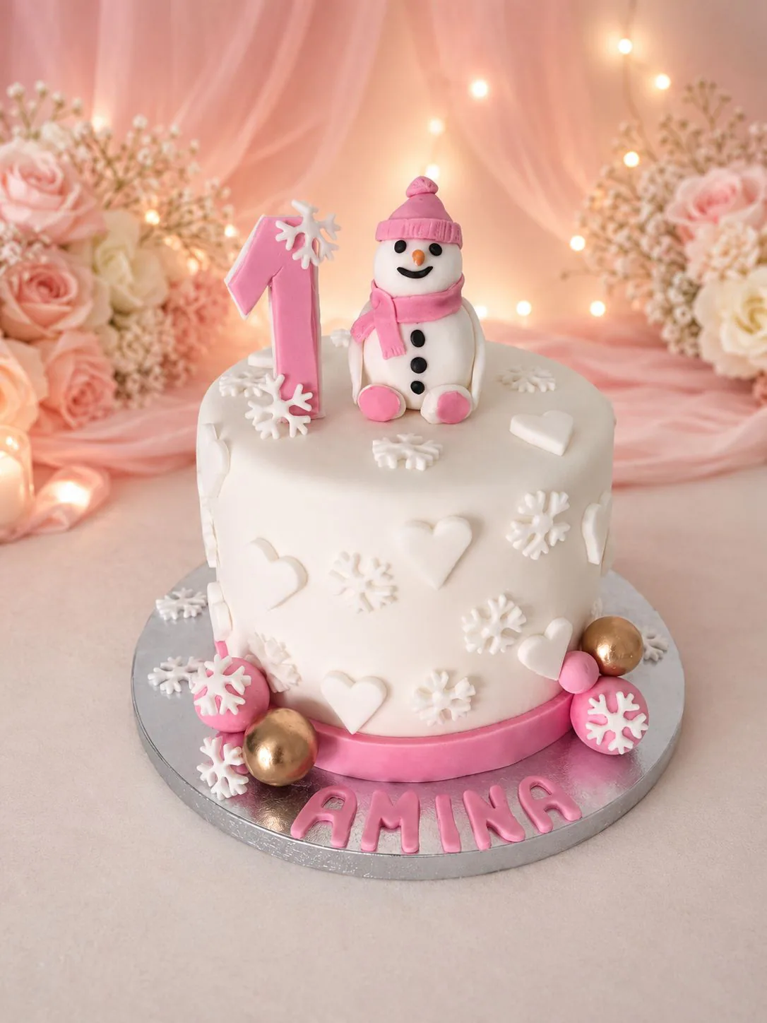 Pink snowman first birthday cake handmade by Anila in Norwich