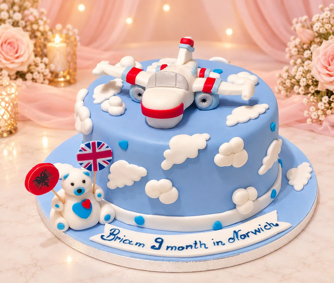 Aeroplane and teddy bear celebration cake handmade by Anila in Norwich