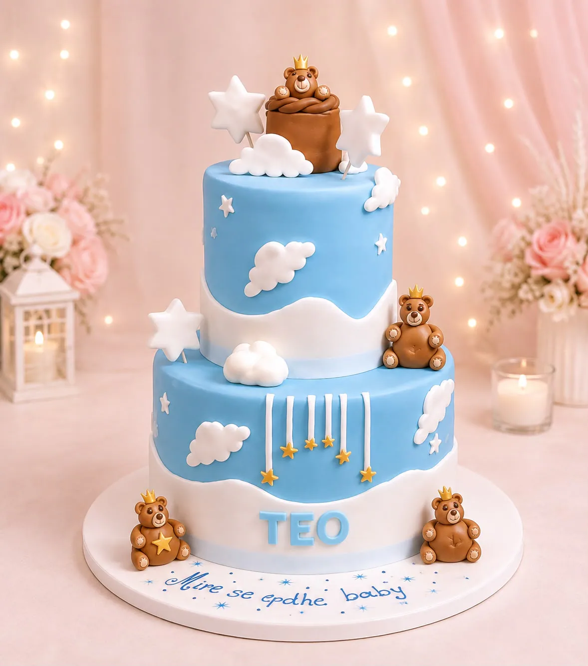 Blue and white children’s cake with clouds, teddy bears and the name Teo