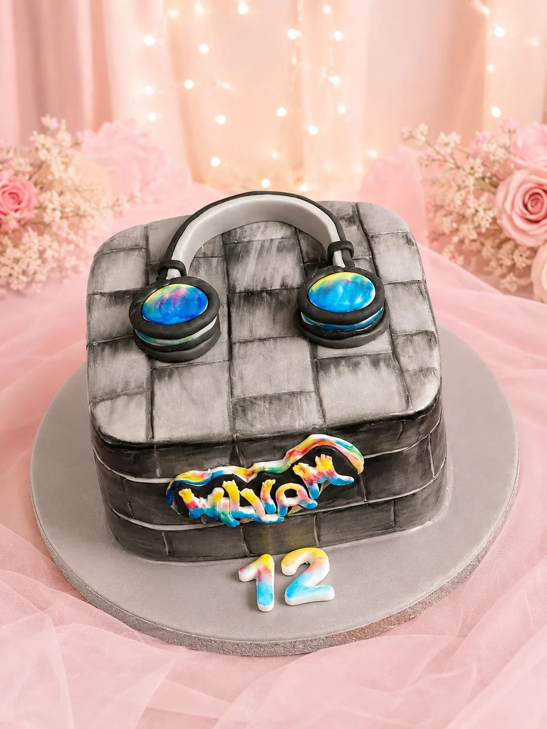 Headphones themed twelfth birthday cake handmade by Anila in Norwich