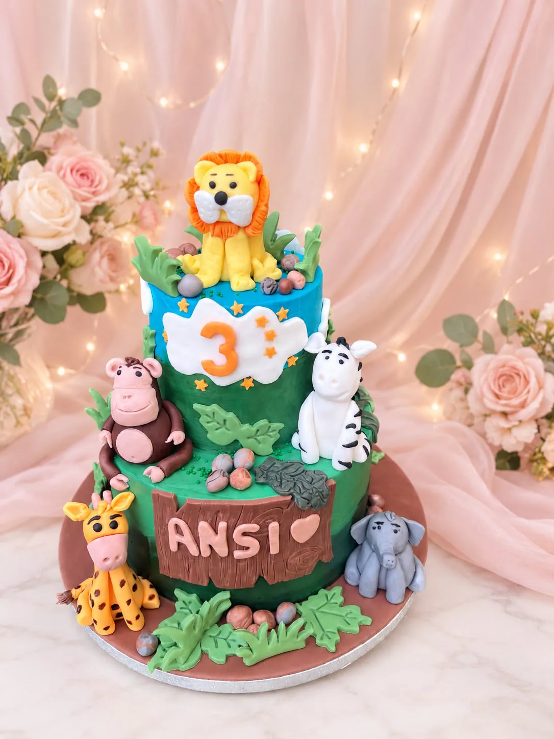 Children’s jungle third birthday cake handmade by Anila in Norwich