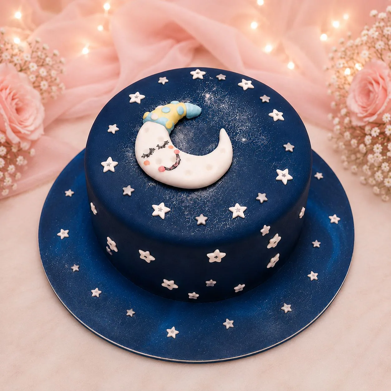 Blue moon and stars celebration cake handmade by Anila in Norwich