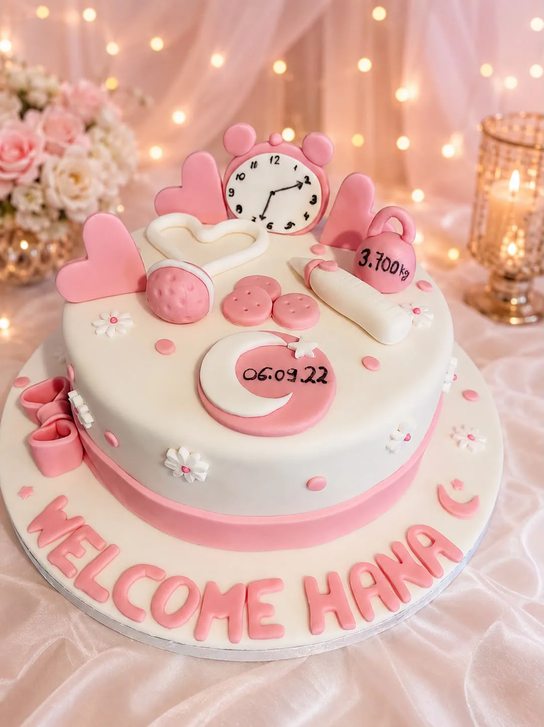 Children’s pink welcome baby cake handmade by Anila in Norwich
