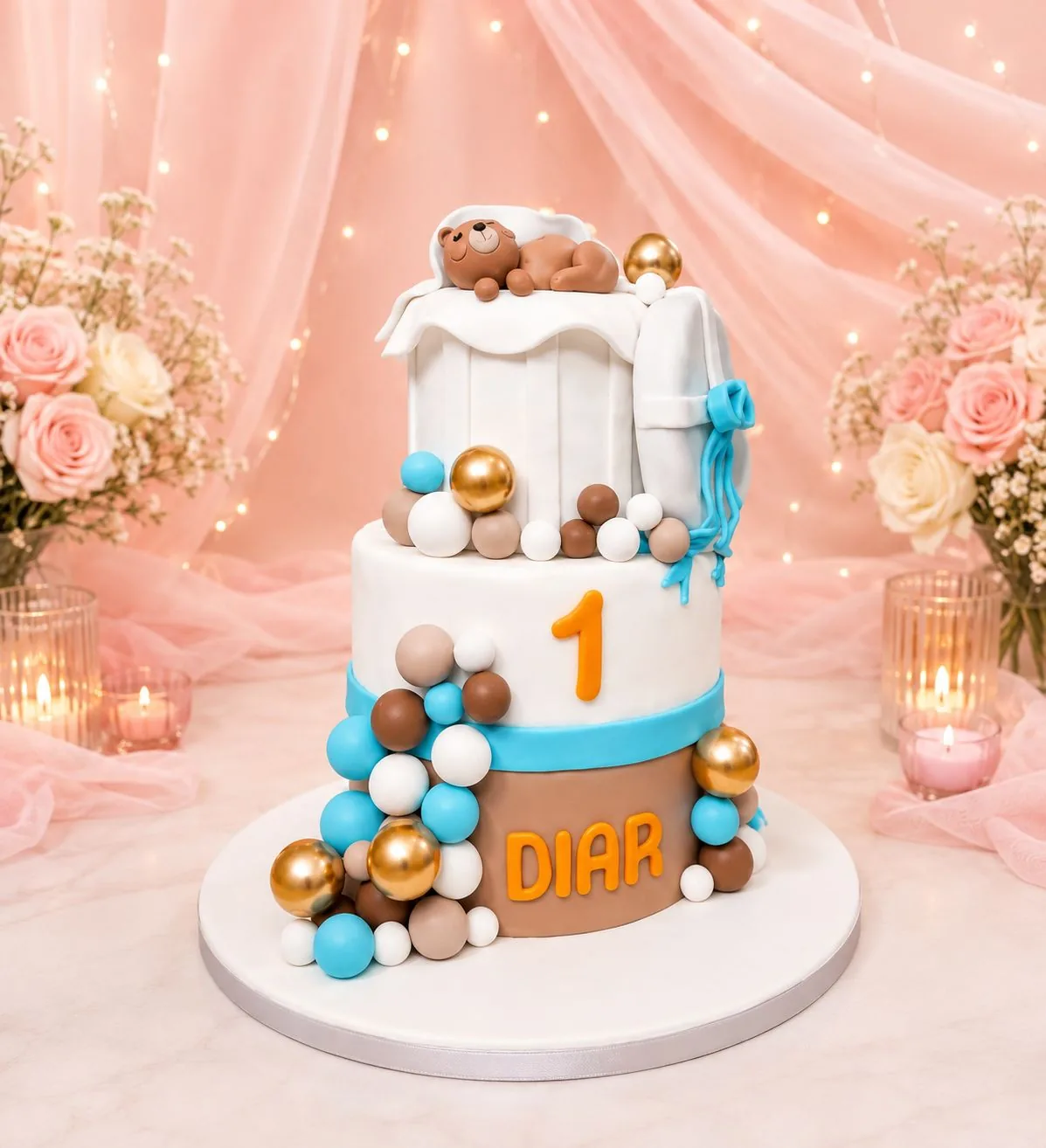 Tiered teddy bear first birthday cake handmade by Anila in Norwich