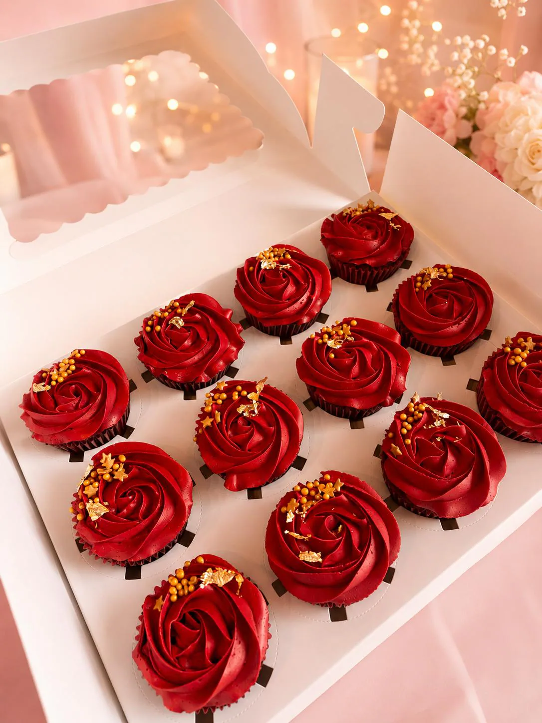 Box of red rose cupcakes handmade by Anila in Norwich