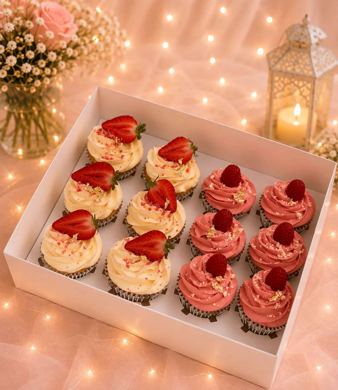 Strawberry and raspberry cupcake box handmade by Anila in Norwich