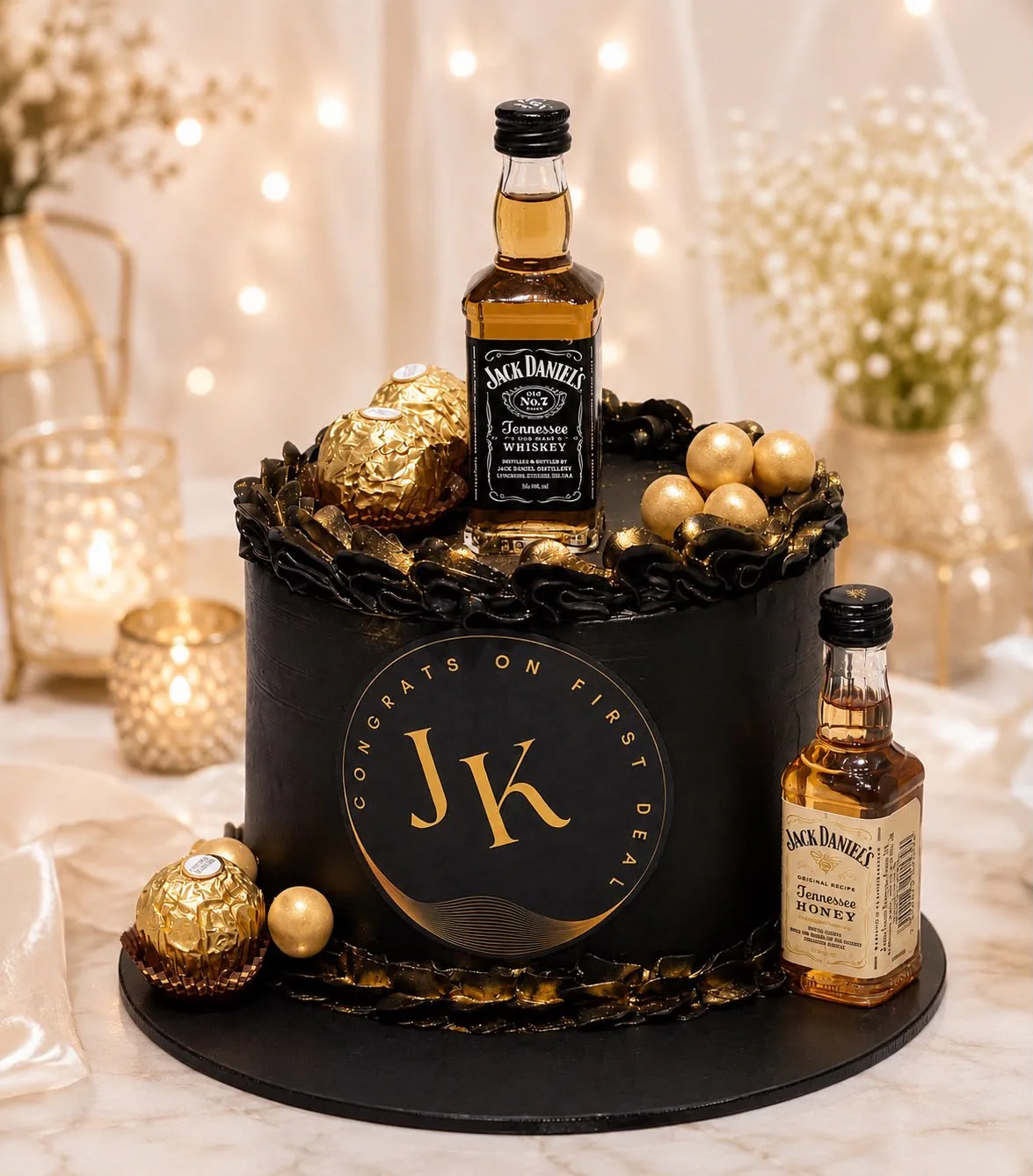 Black and gold Jack Daniel’s themed celebration cake handmade by Anila