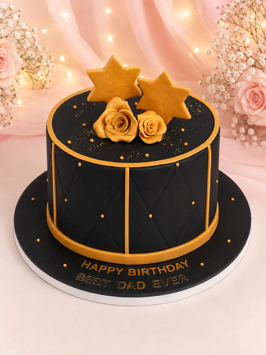 Black and gold dad birthday cake handmade by Anila in Norwich