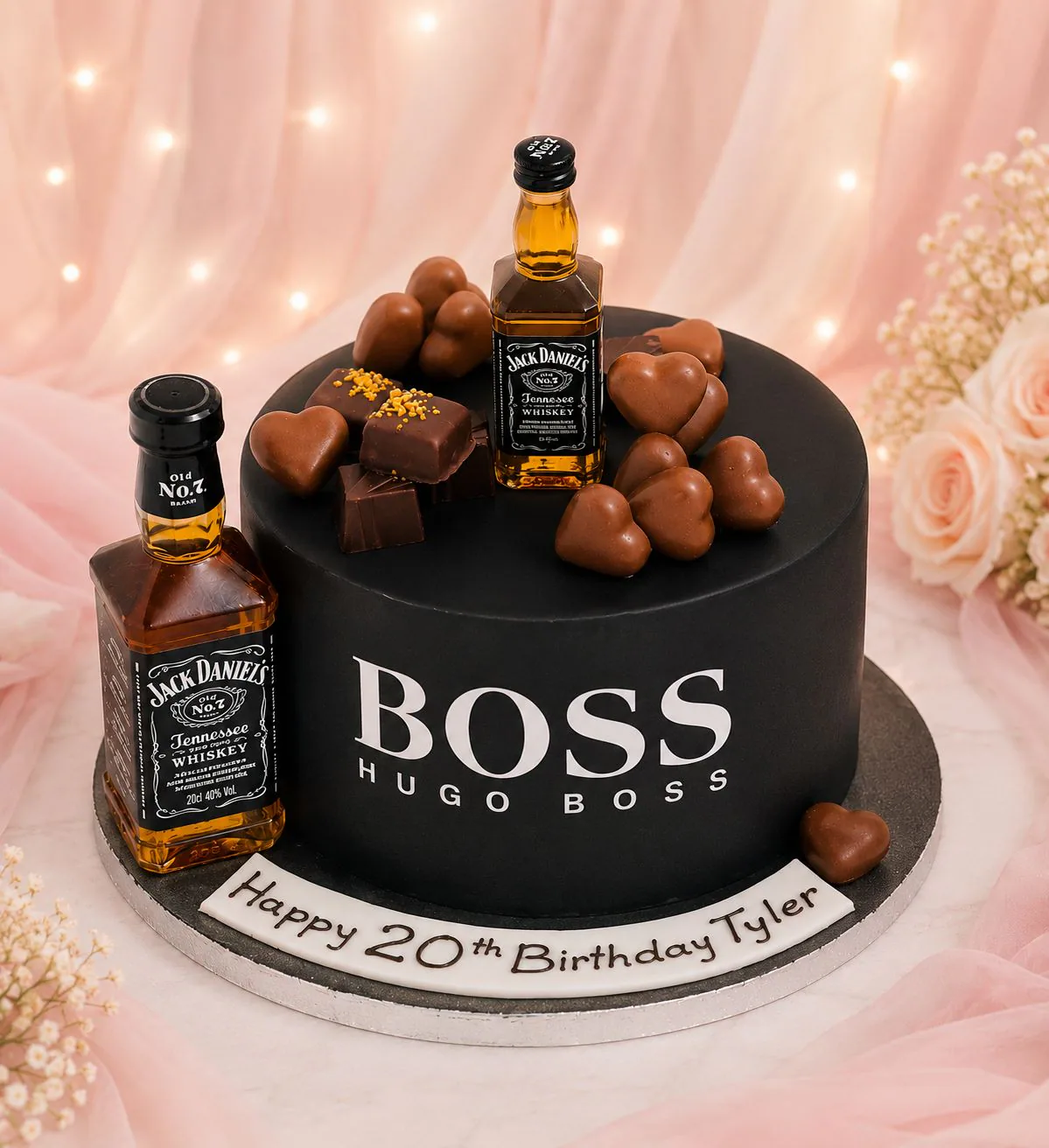 Boss and whiskey twentieth birthday cake handmade by Anila in Norwich