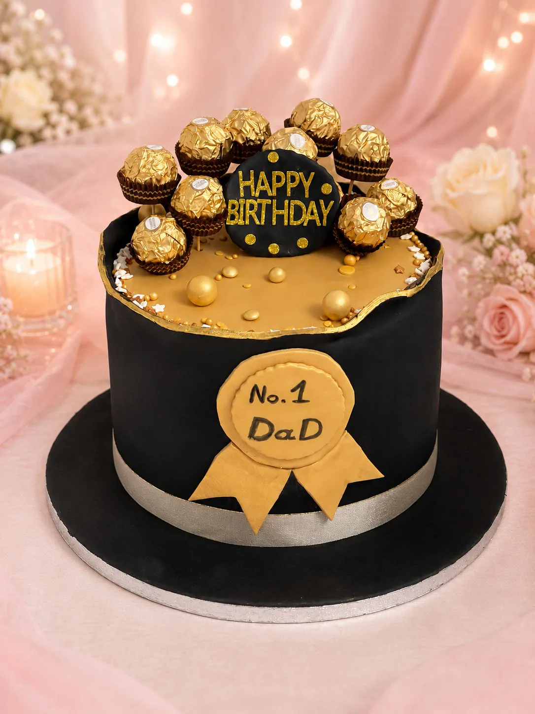 Black and gold number one dad cake handmade by Anila in Norwich