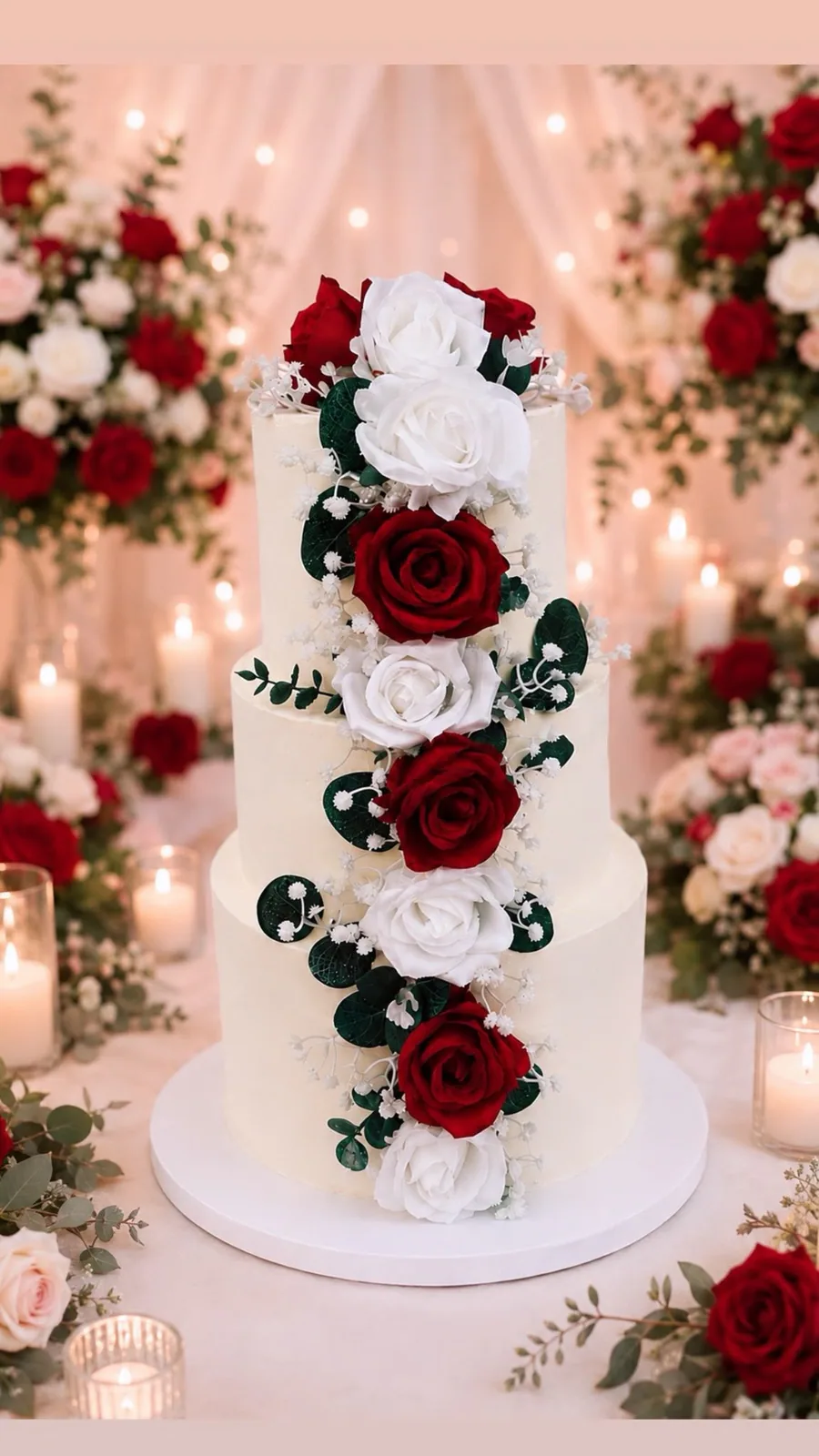 Complete white wedding cake decorated with red and white roses by Anila