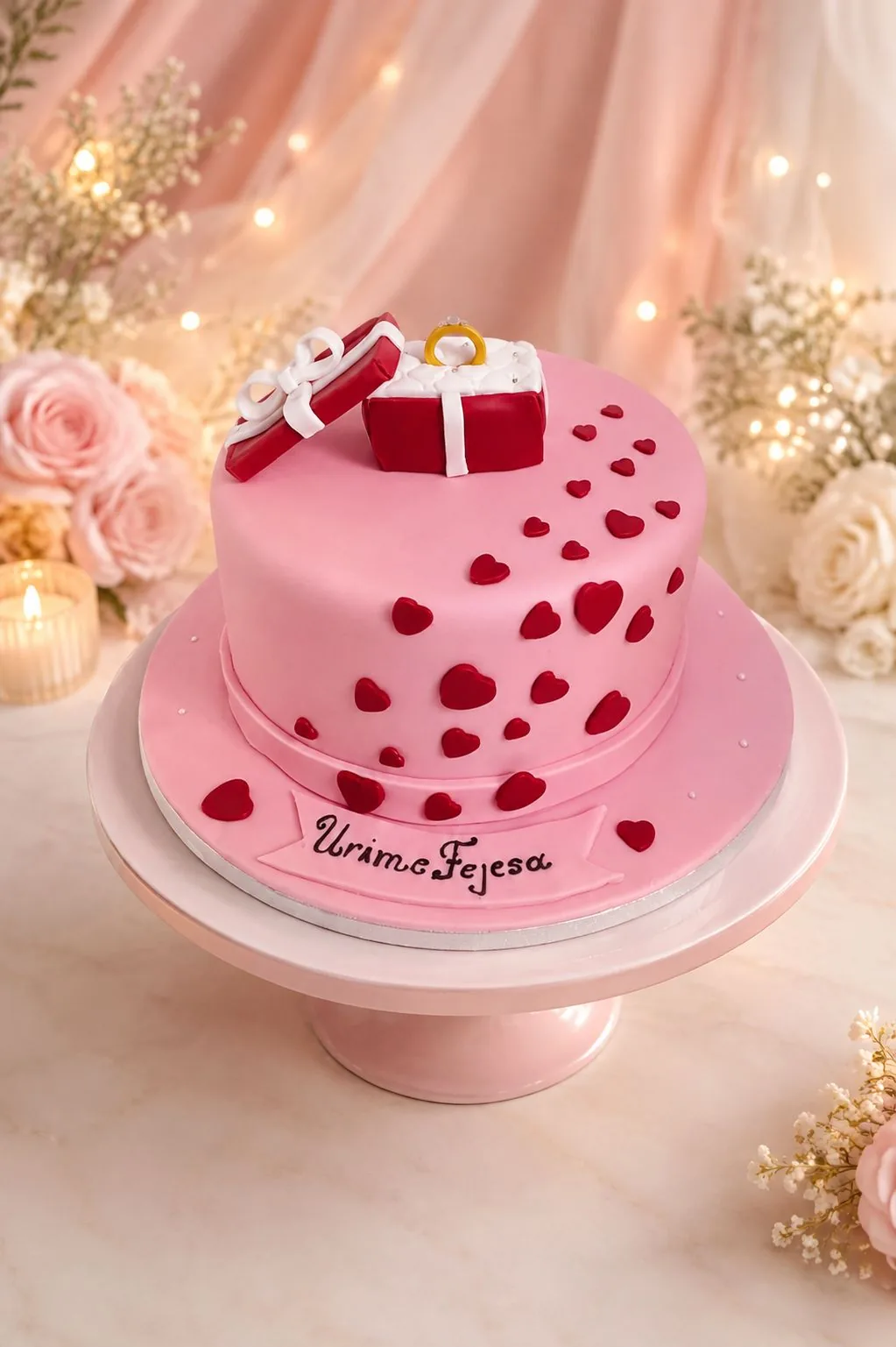 Pink engagement cake with gift box and ring handmade by Anila in Norwich