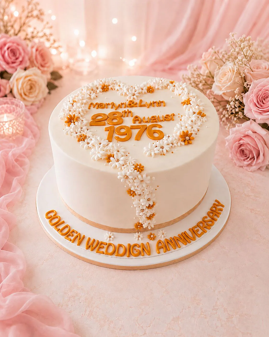 Golden wedding anniversary cake handmade by Anila in Norwich