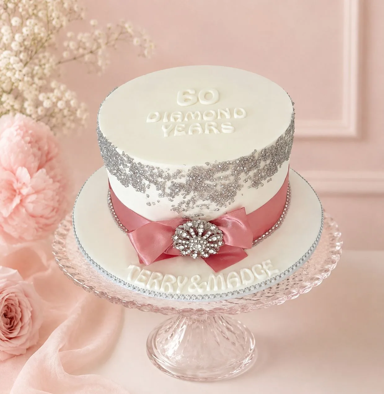 Pink and silver sixtieth diamond anniversary cake handmade by Anila in Norwich