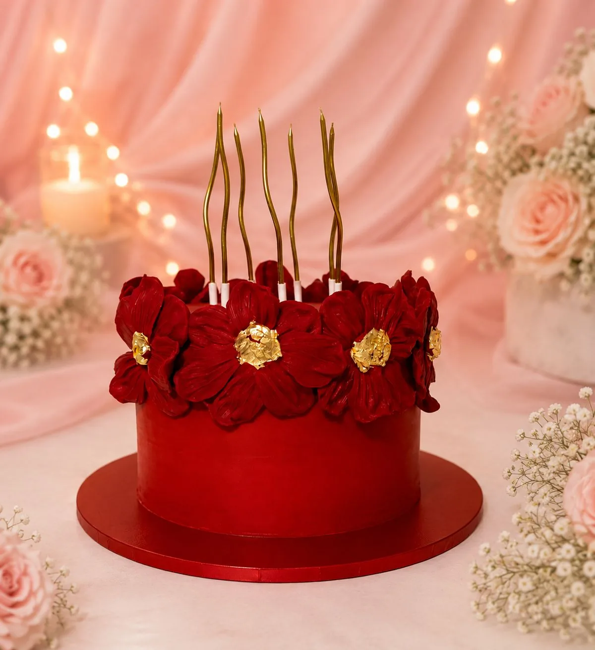 Red and gold floral celebration cake handmade by Anila in Norwich