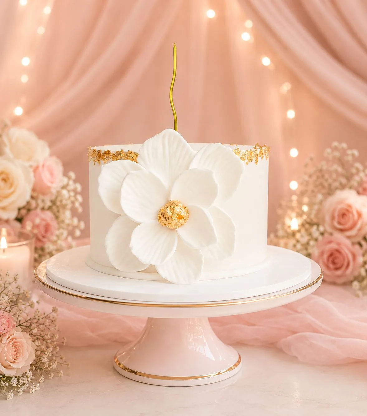Elegant white and gold flower cake handmade by Anila in Norwich