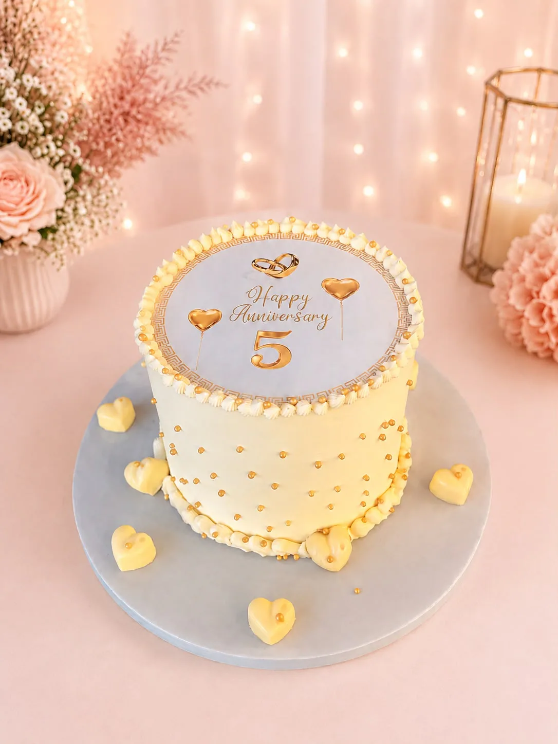White and gold fifth anniversary cake handmade by Anila in Norwich