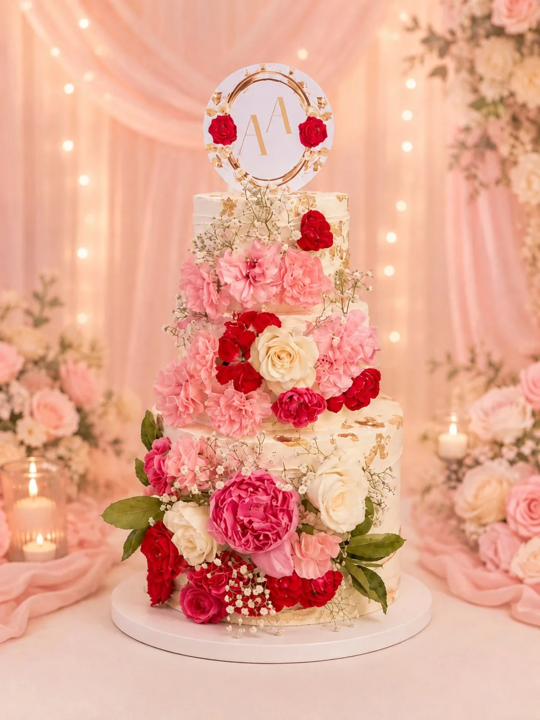 Four-tier wedding cake with pink red and white flowers handmade by Anila in Norwich