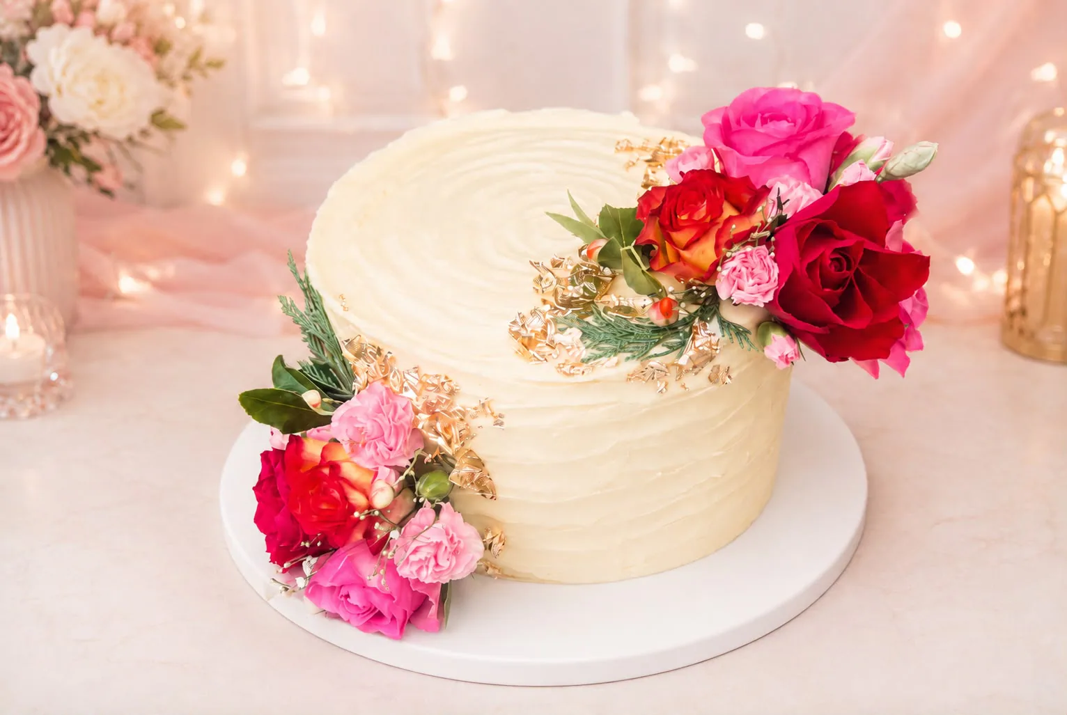Floral wedding cake with pink and red roses handmade by Anila in Norwich
