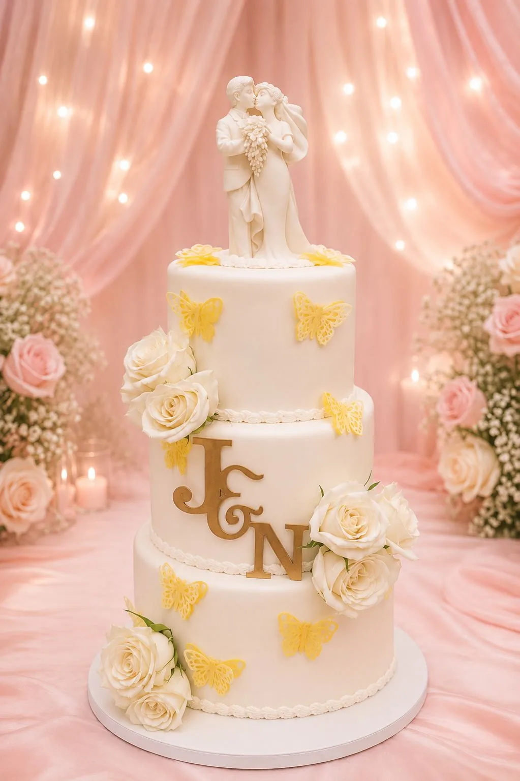 Three-tier ivory wedding cake with butterflies roses and monogram handmade by Anila in Norwich
