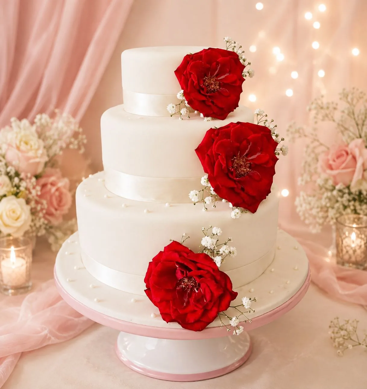 Three-tier white wedding cake with red roses handmade by Anila in Norwich