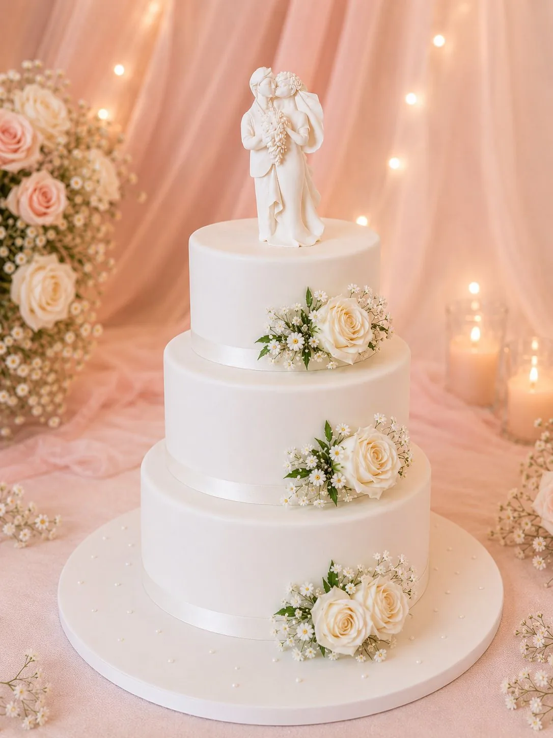 Classic three-tier wedding cake with white roses handmade by Anila in Norwich