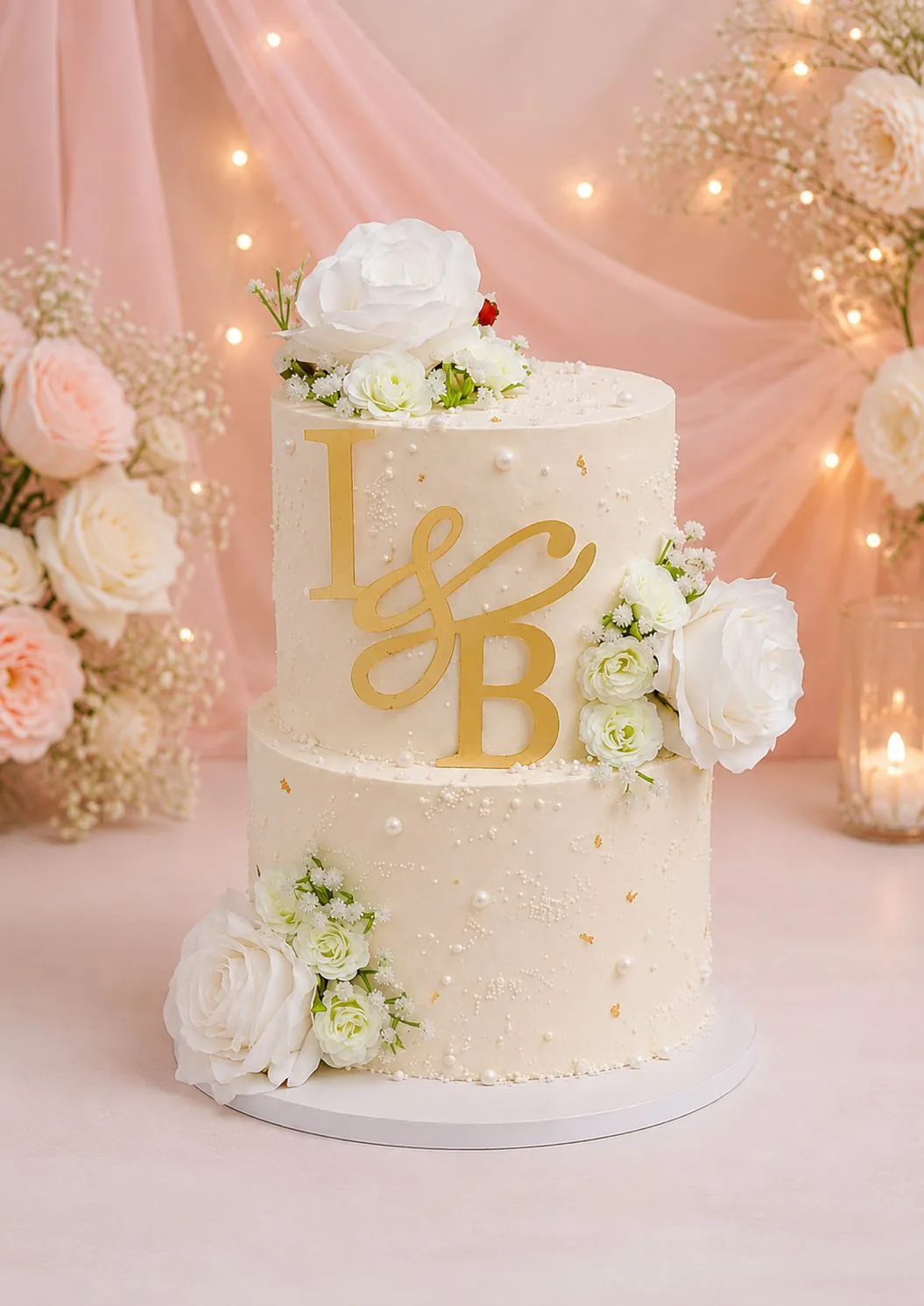 Two-tier white and gold monogram wedding cake handmade by Anila in Norwich