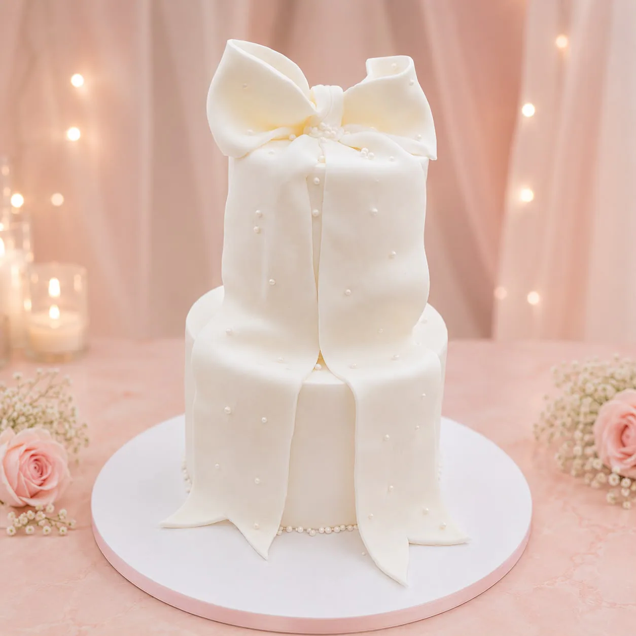 Two-tier white bow wedding cake handmade by Anila in Norwich