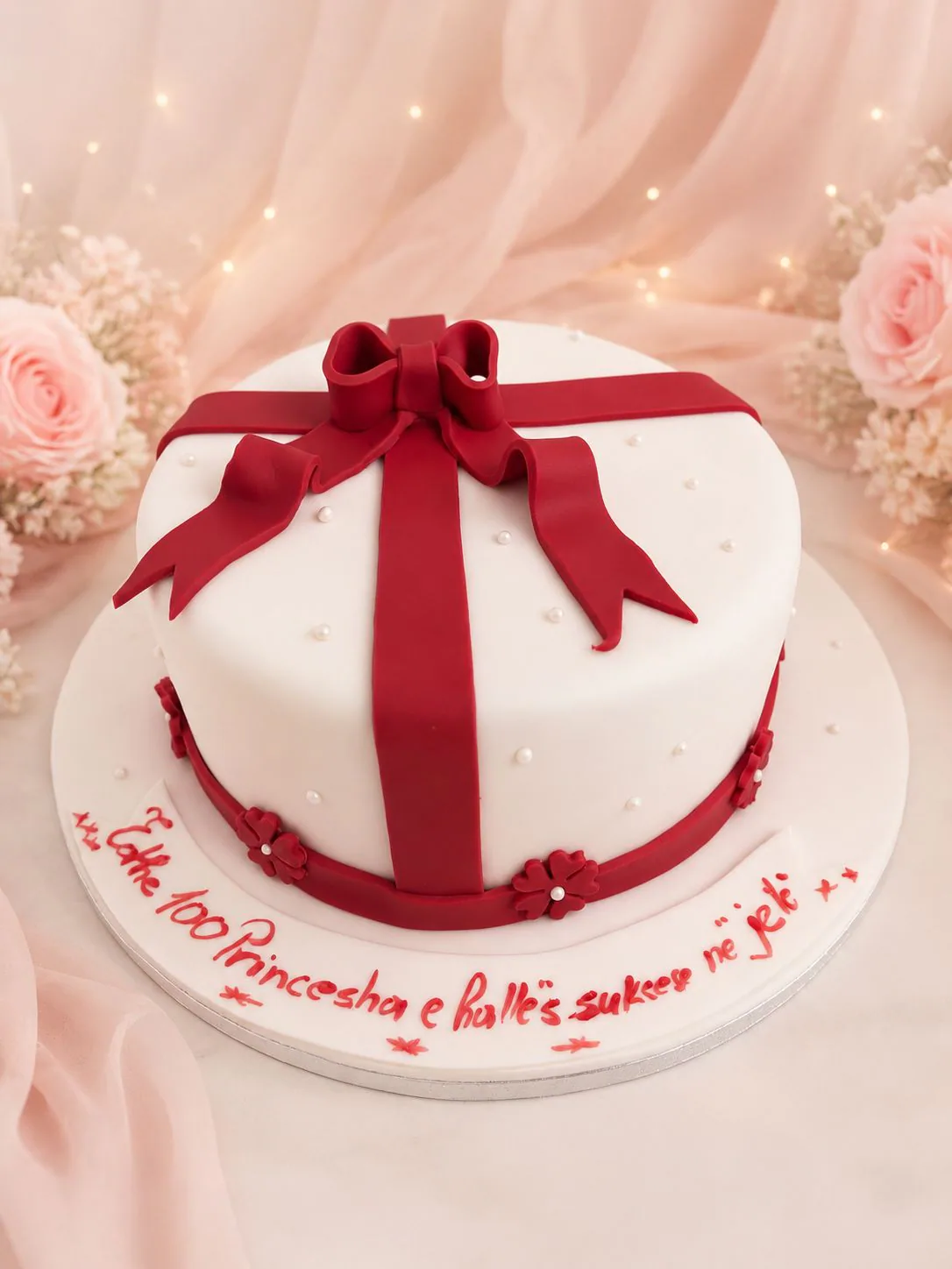 White gift cake with a red bow handmade by Anila in Norwich