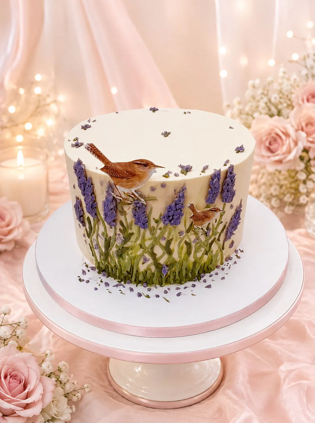 Women’s lavender and bird cake handmade by Anila in Norwich