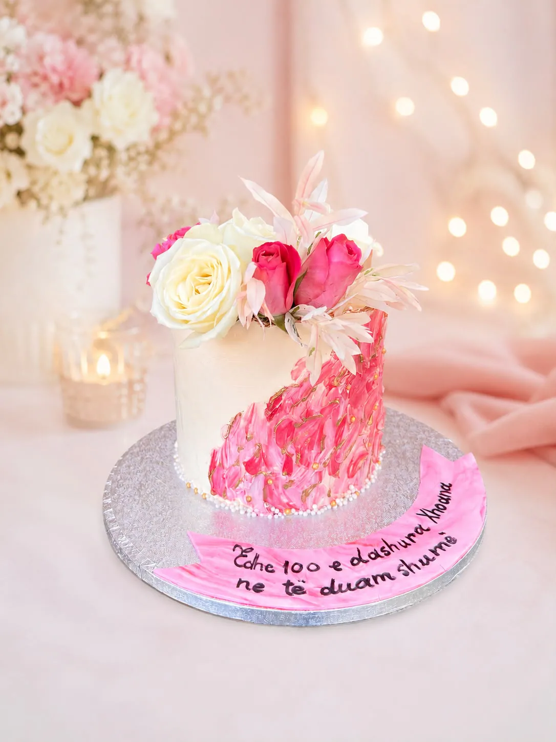 Women’s pink floral brushstroke cake handmade by Anila in Norwich
