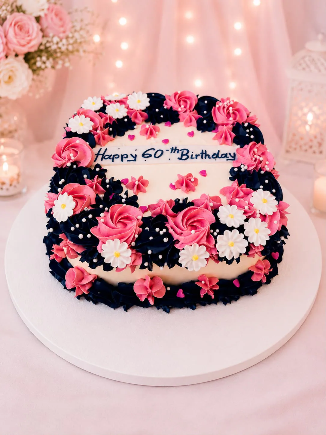 Women’s pink and navy floral cake handmade by Anila in Norwich