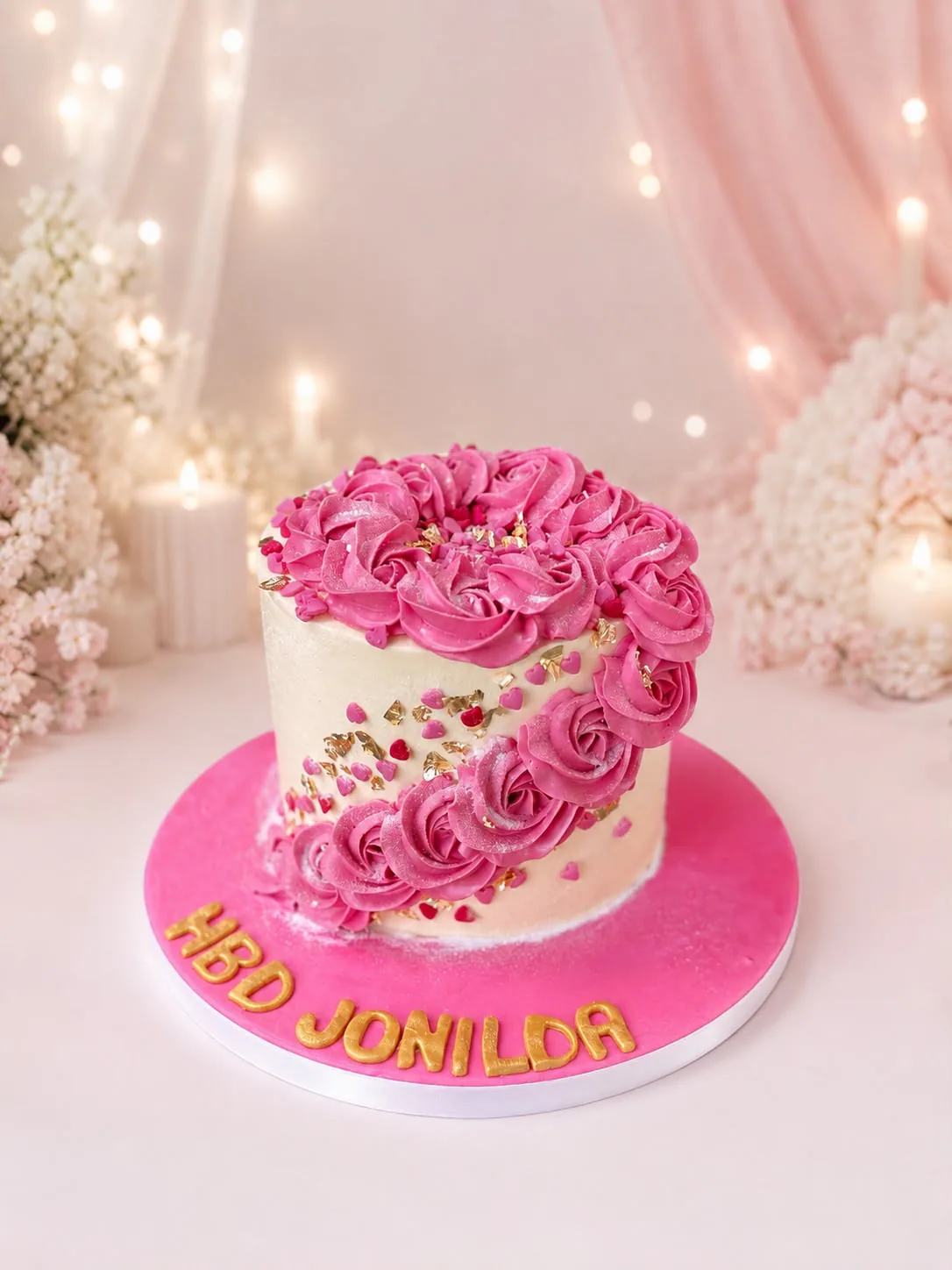 Women’s pink rosette cascade cake handmade by Anila in Norwich