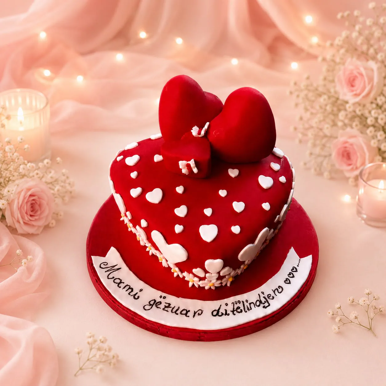 Women’s red heart cake handmade by Anila in Norwich